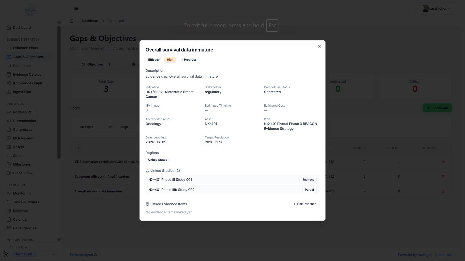 EvidenceSync Gaps & Objectives view with an open evidence gap detail showing status, indication, linked studies, and structured attributes for asset NX-401